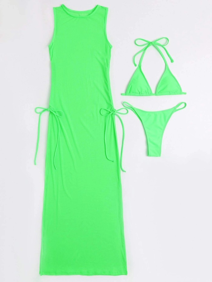Solid Bikini And Mesh Cover Up 2 Piece Swimsuit