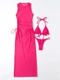 Solid Bikini And Mesh Cover Up 2 Piece Swimsuit