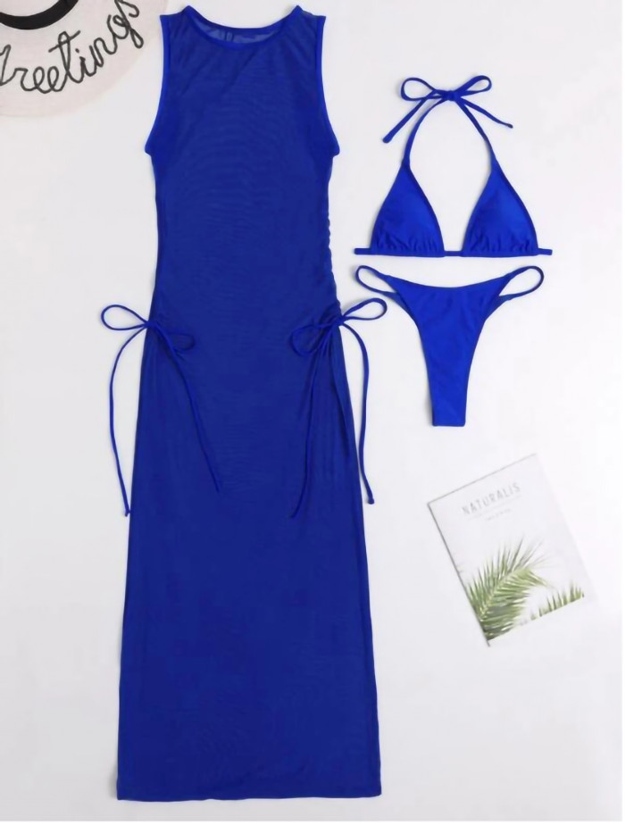 Solid Bikini And Mesh Cover Up 2 Piece Swimsuit