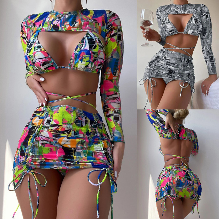 4 Piece Print Bikini And Cover Up Set
