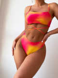 Three-Piece Print Drawstring Bikini Swimsuit