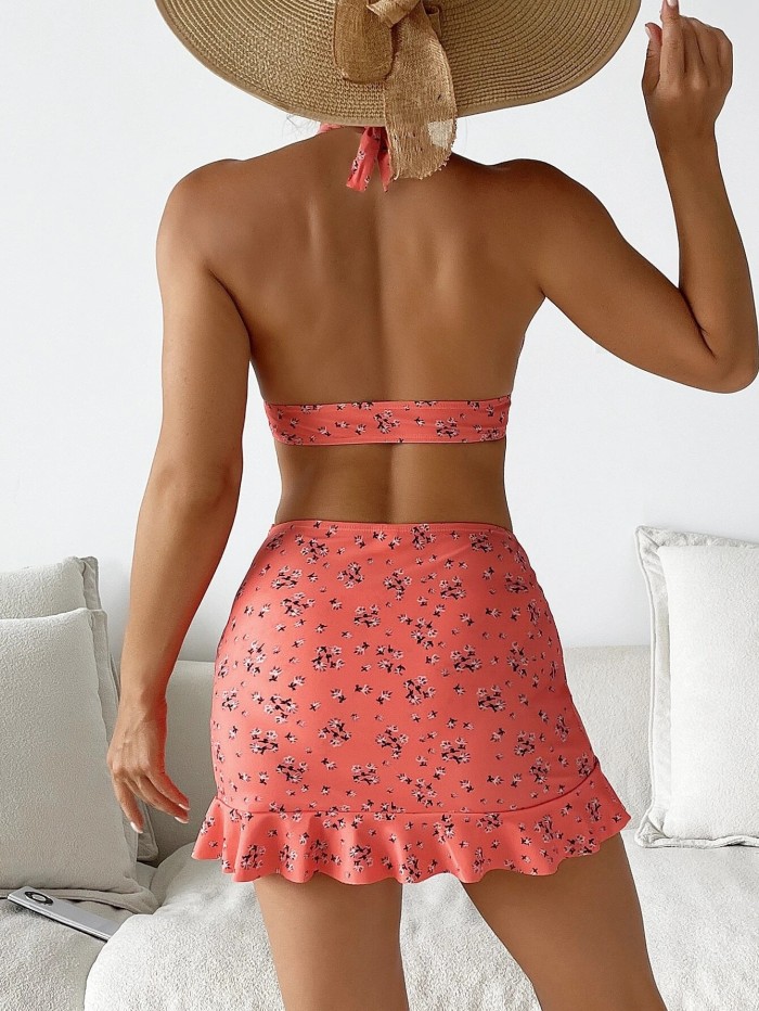 3pack Ditsy Floral Print Halter Bikini Swimsuit & Beach Skirt