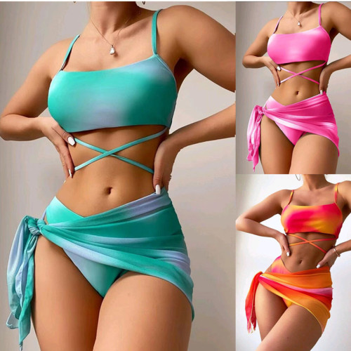 Three-Piece Print Drawstring Bikini Swimsuit
