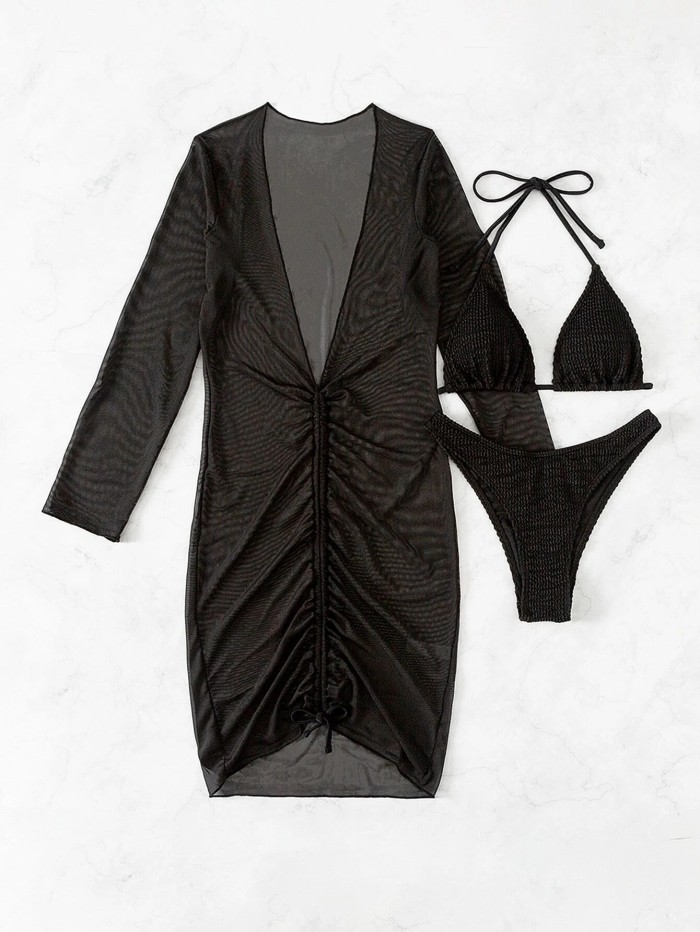 Long-Sleeved Mesh Dress Swimsuit Women'S Three-Piece Bikini Set