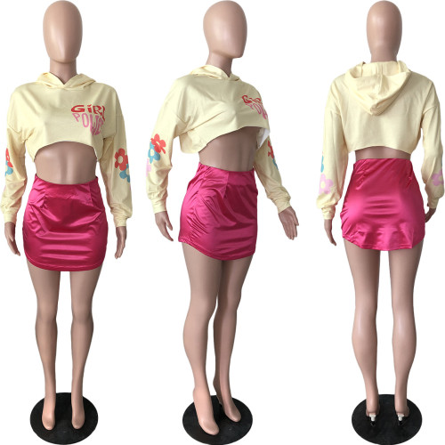 Hoodies Crop Top 2 Piece Satin Skirt Set
