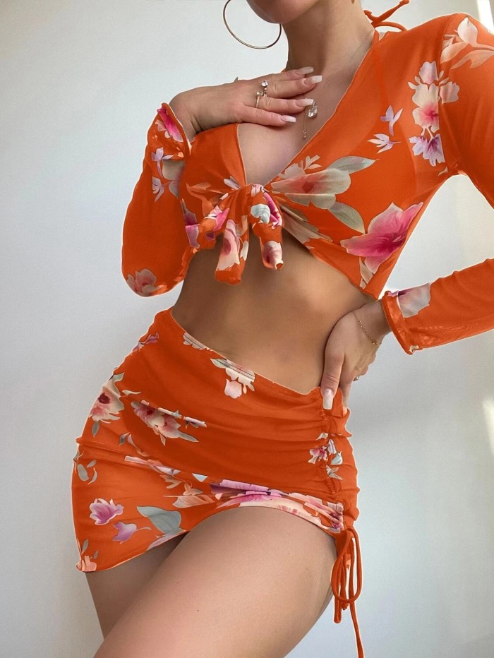 Four-piece Printed Drawcord Lace up Long Sleeve Swimwear Suit
