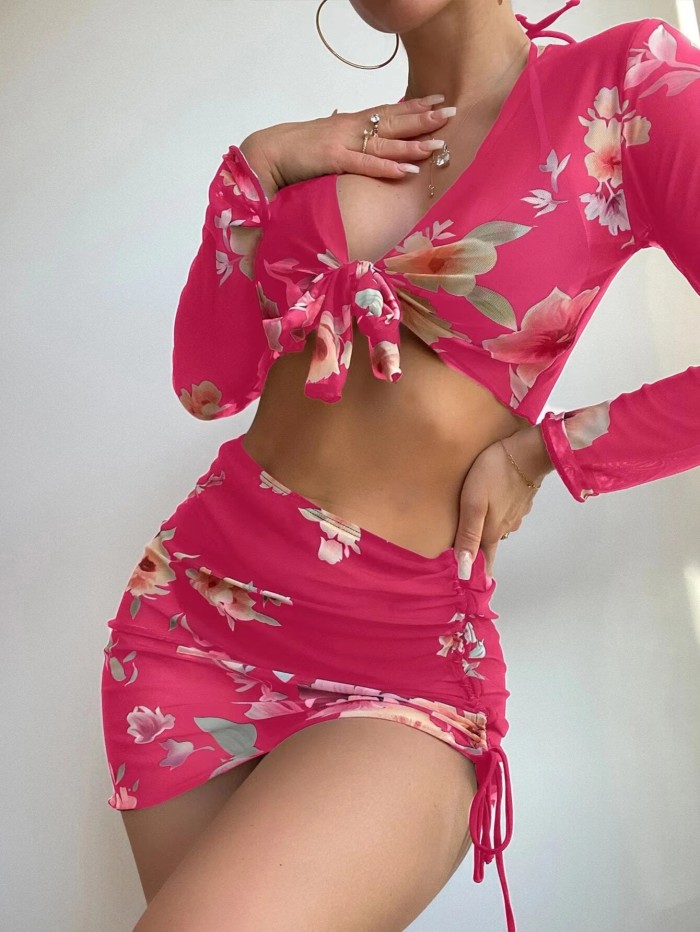 Four-piece Printed Drawcord Lace up Long Sleeve Swimwear Suit