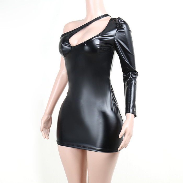 One Shoulder Sexy Leather Mini Dress