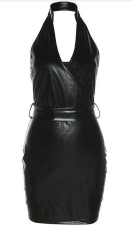 Deep V Neck Sexy Backless Leather Dress