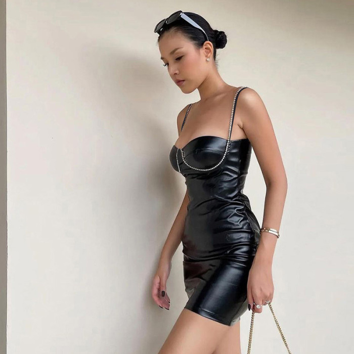 Black Sexy Leather Party Club Dress