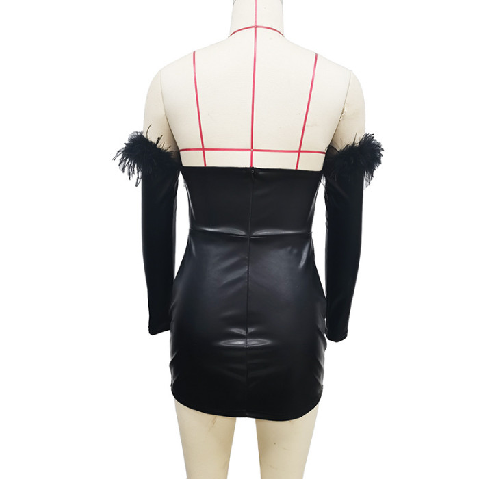 Off Shoulder Sexy Leather Dress With Feather
