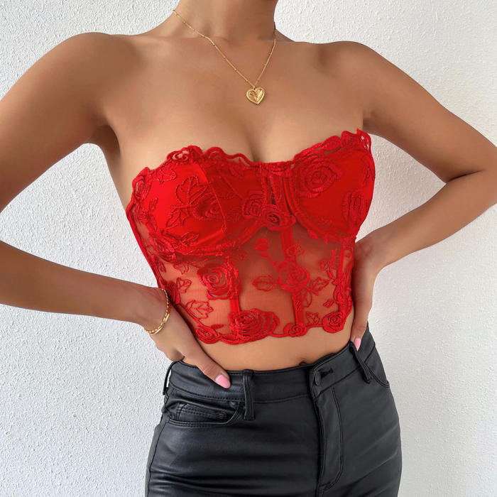 Sexy Strapless Lace Embroider Crop Top