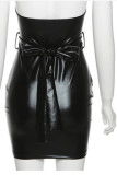 Deep V Neck Sexy Backless Leather Dress