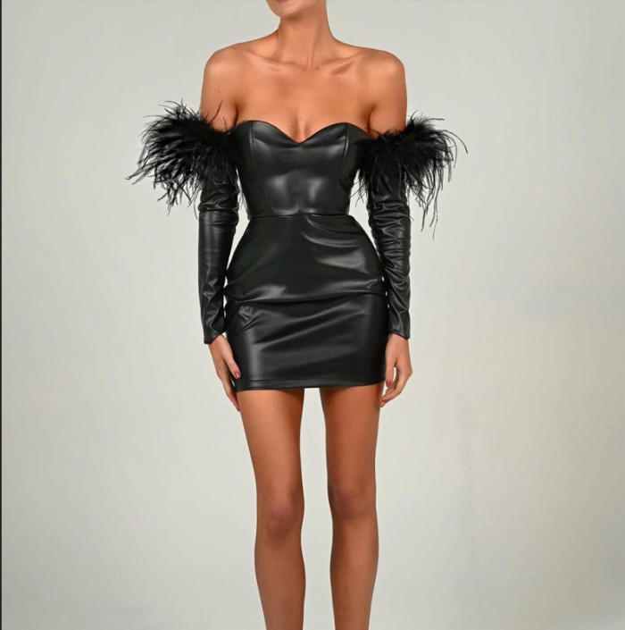 Off Shoulder Sexy Leather Dress With Feather