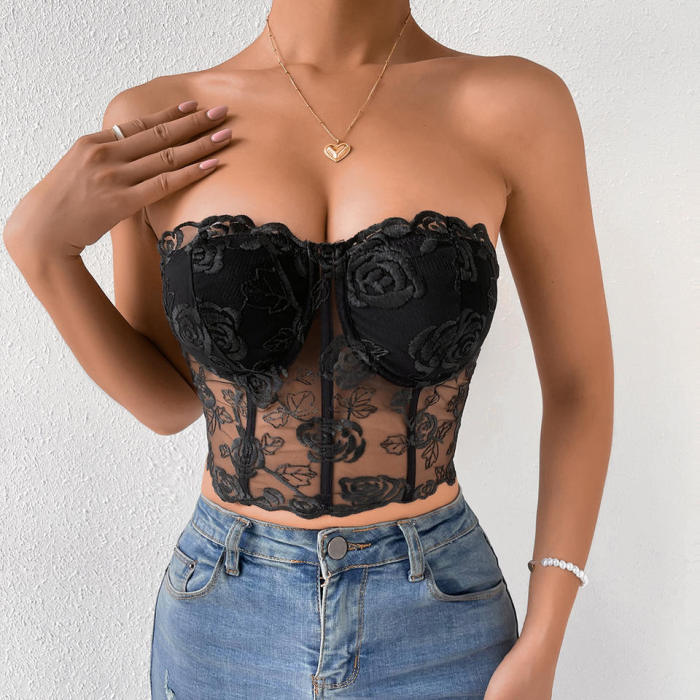 Sexy Strapless Lace Embroider Crop Top