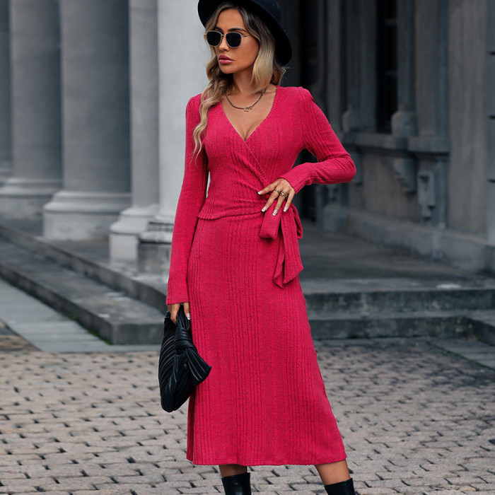 Strap V-neck Solid Color Knitted Dress