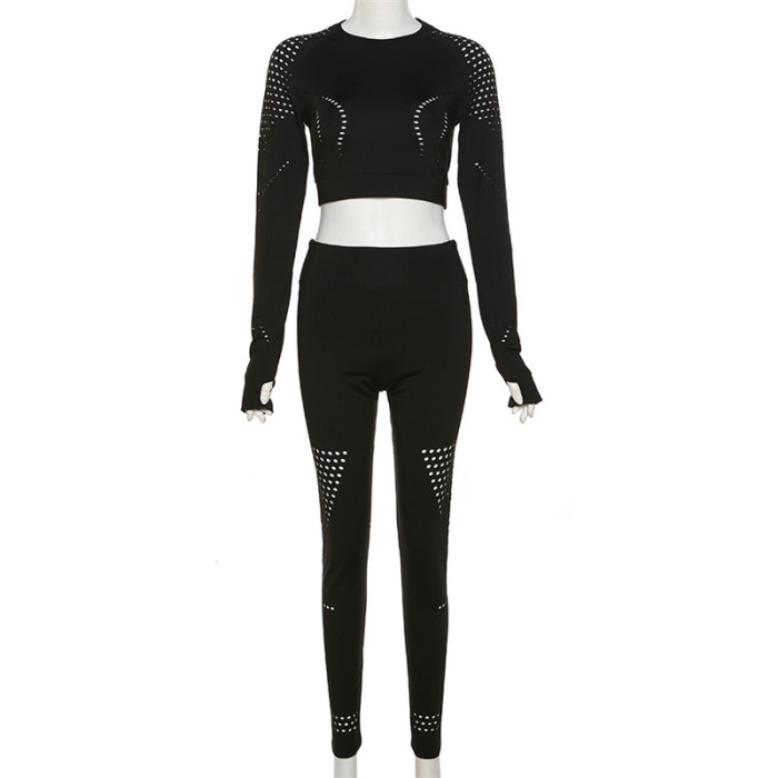 Round Neck Hollowed Out Long Sleeved Top, High Waisted Slim Tight Pants Suit