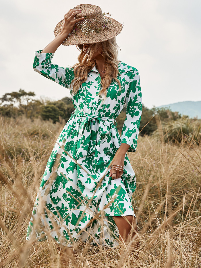Spring Floral Print Casual Dress With Belt