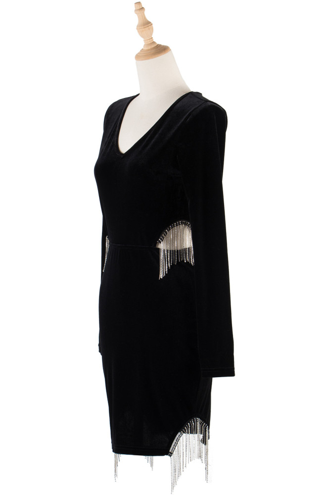 Full Sleeve Velvet Short Dress With Rhinestone