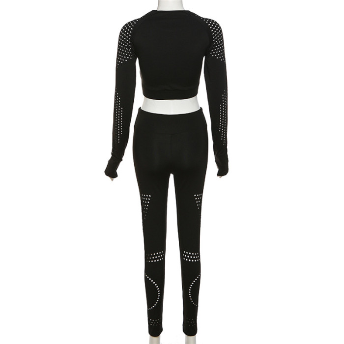 Round Neck Hollowed Out Long Sleeved Top, High Waisted Slim Tight Pants Suit