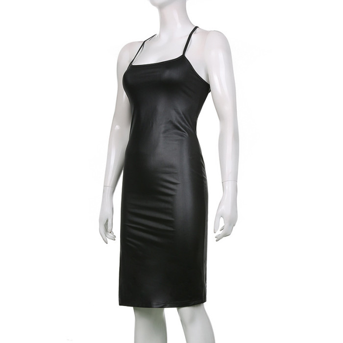 Pu Leather Slit Backless Sexy Slim Tight Dress