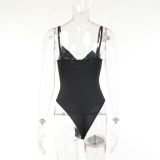 Black Pu Leather Sexy Bodysuit Top