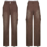 Denim High Waist Cargo Straight Pants