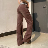 Denim High Waist Cargo Straight Pants
