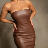 Off Shoulder Leather Sexy Bodycon Midi Dress