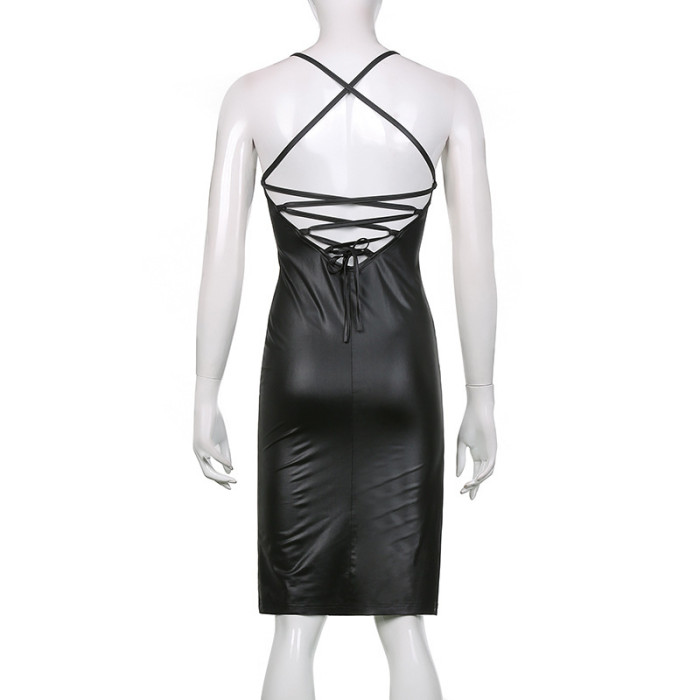 Pu Leather Slit Backless Sexy Slim Tight Dress