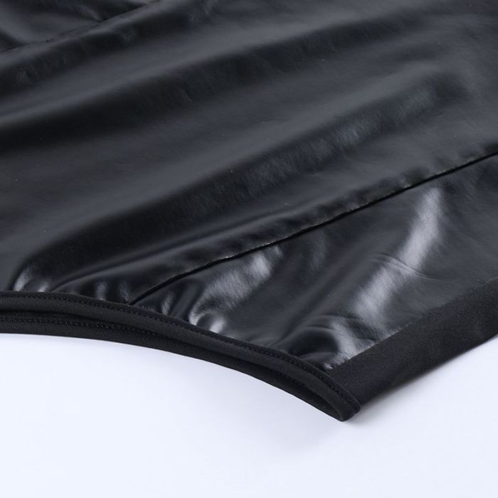 Black Pu Leather Sexy Bodysuit Top