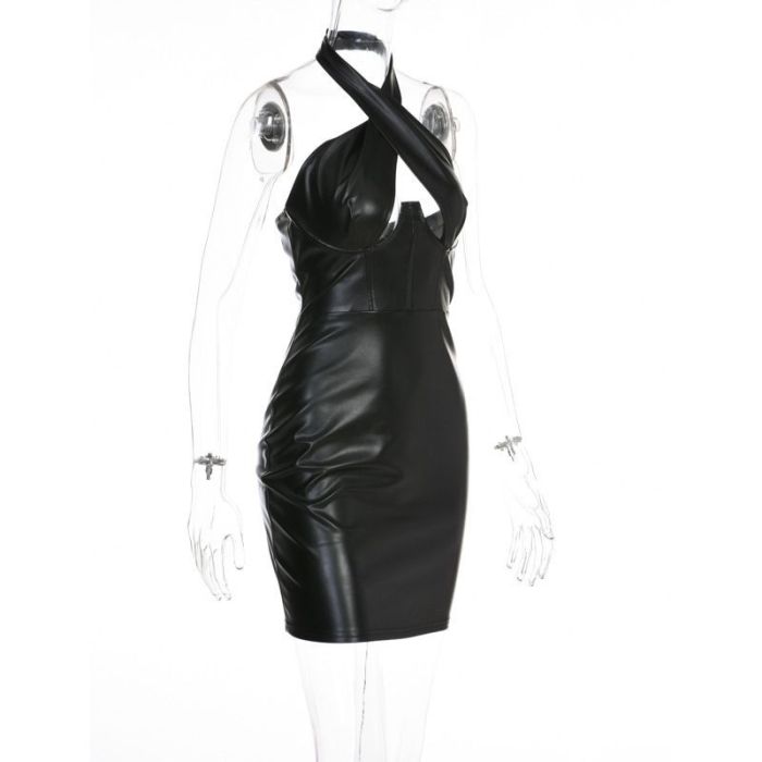 Leather Sexy Halter Clubwear Mini Dress