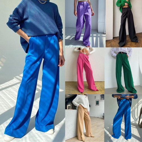 Solid Color Wide Leg Floor-Length Pants
