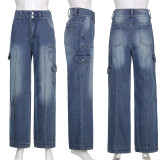 Denim High Waist Cargo Straight Pants