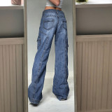 Denim High Waist Cargo Straight Pants