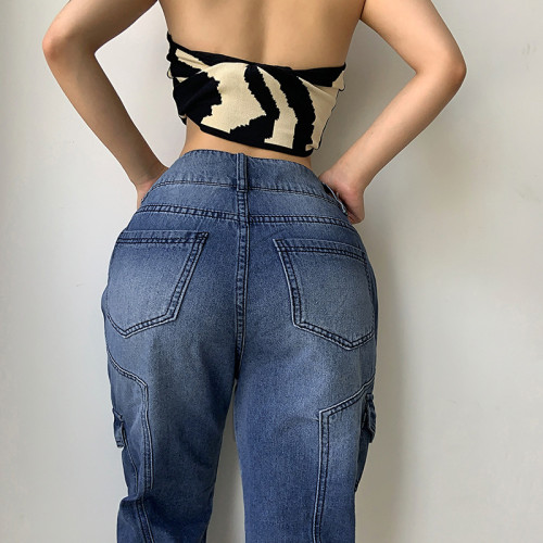 Denim High Waist Cargo Straight Pants