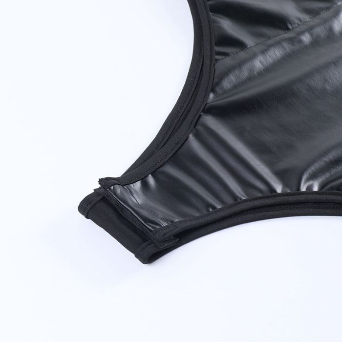 Black Pu Leather Sexy Bodysuit Top
