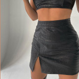 Black Leather Strapless Crop Top Skirt Set
