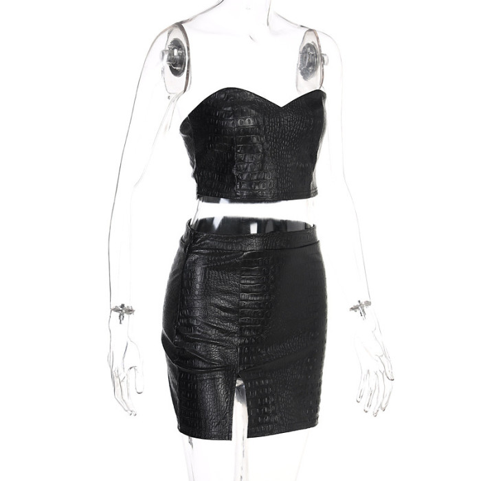 Black Leather Strapless Crop Top Skirt Set
