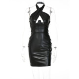 Leather Sexy Halter Clubwear Mini Dress