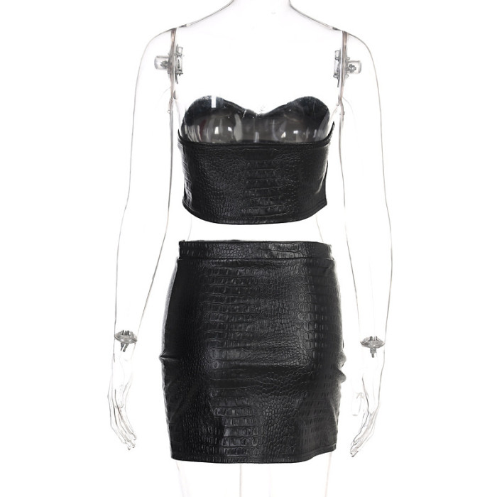 Black Leather Strapless Crop Top Skirt Set