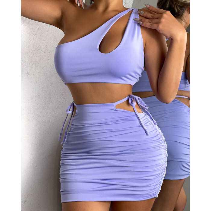 Sexy One Shoulder Skirt Cut Out Buttock Two-piece Set
