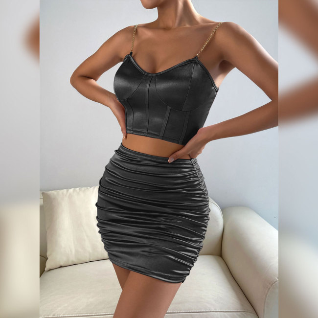 Chain Strap Sexy Pu Leather Crop Top Skirt Set