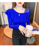 Mesh Ruffle Panel Irregular Collar Shoulder Stud Long Sleeve Top