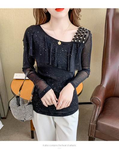 Mesh Ruffle Panel Irregular Collar Shoulder Stud Long Sleeve Top