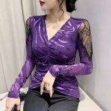 Sexy V-neck Ironing Mesh Slimming Long Sleeved Underlay Shirt