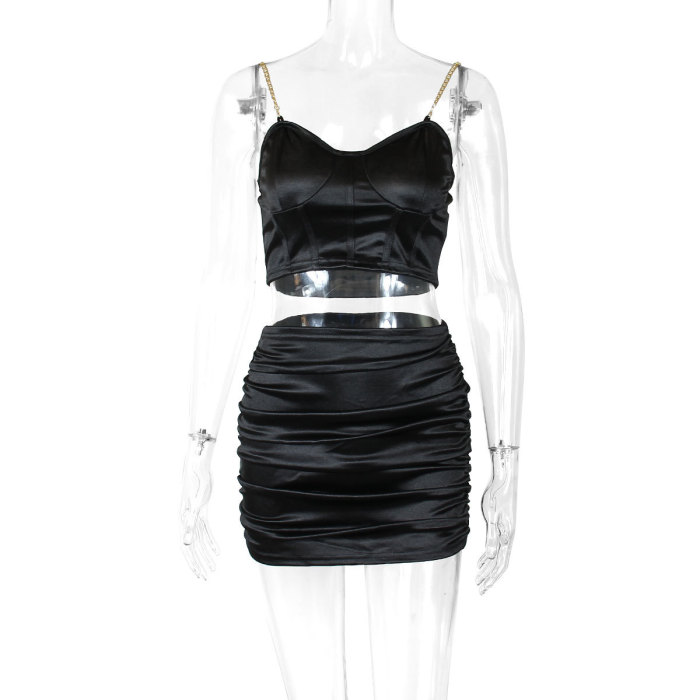 Chain Strap Sexy Pu Leather Crop Top Skirt Set