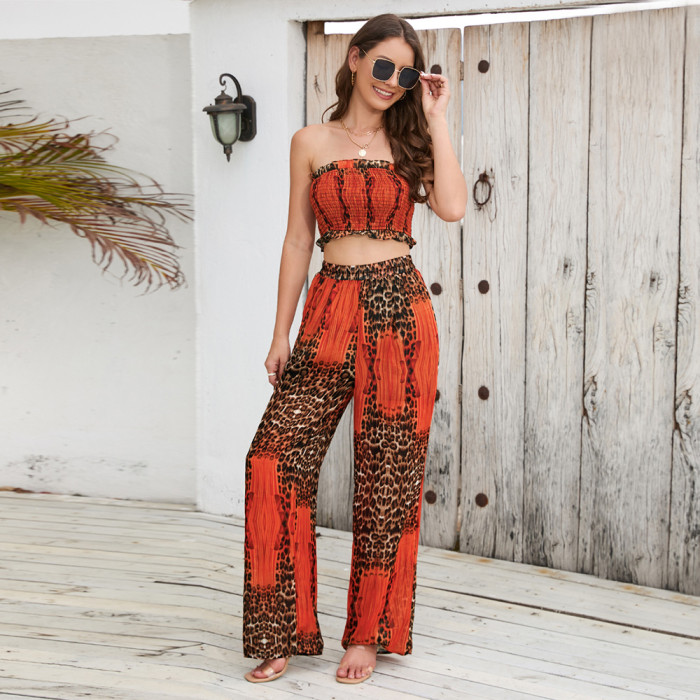 Bra Hanging Neck Top Printed Wide Leg Pants Casual Fashion Suit