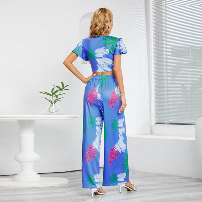 Printed Wide Leg Trousers Two-piece Suit