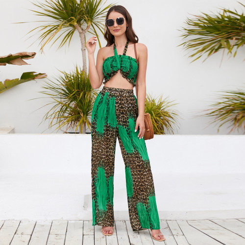 Bra Hanging Neck Top Printed Wide Leg Pants Casual Fashion Suit